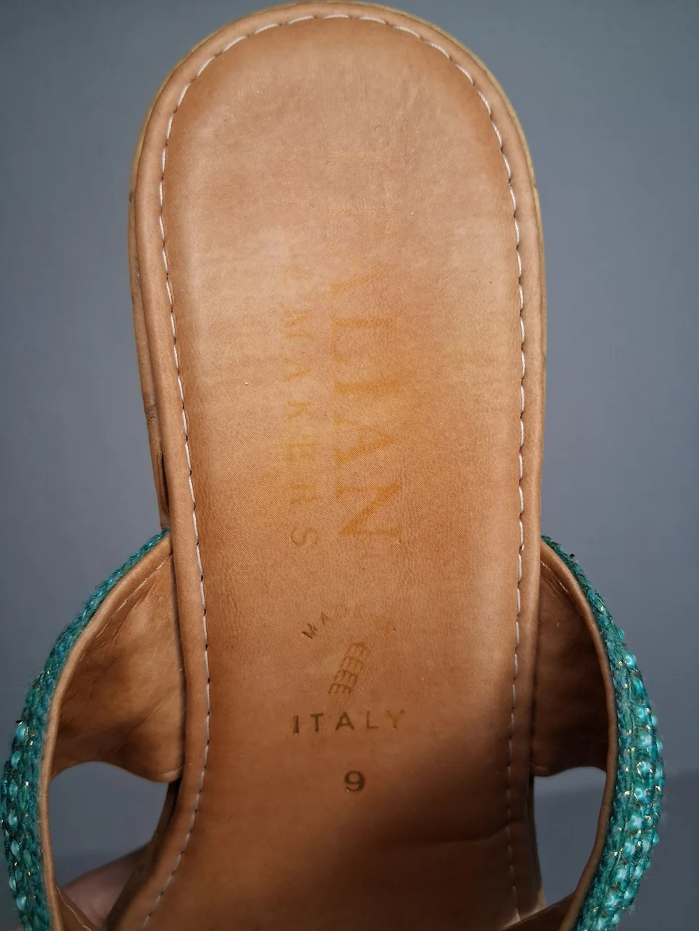 Italian Shoemakers Teal Beaded Cork Wedge Sandals Size 9 Boho Slide Heels